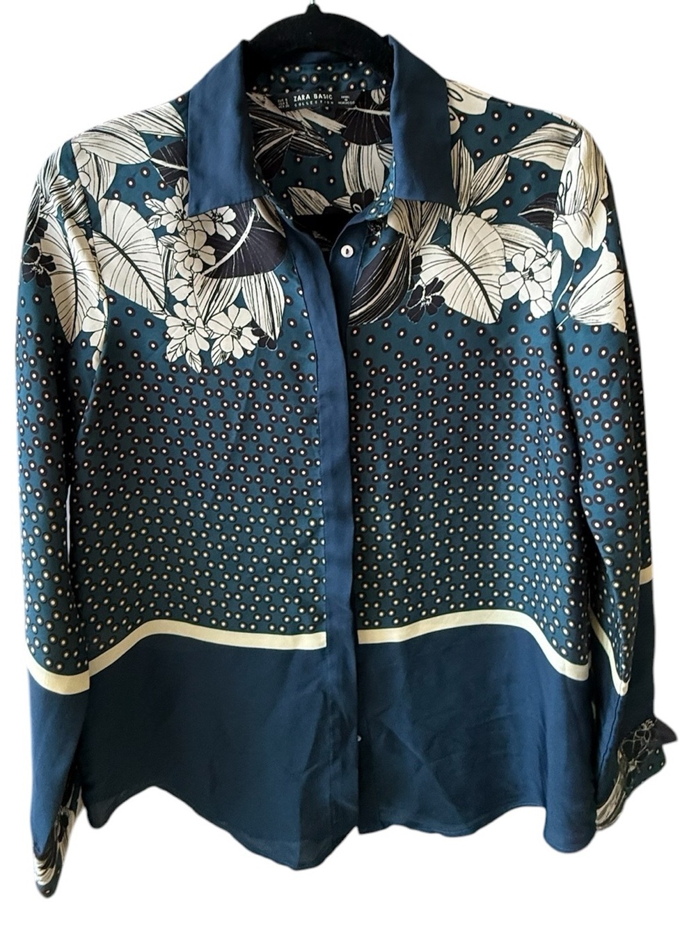 Zara Teal Floral Print Button-Up Blouse